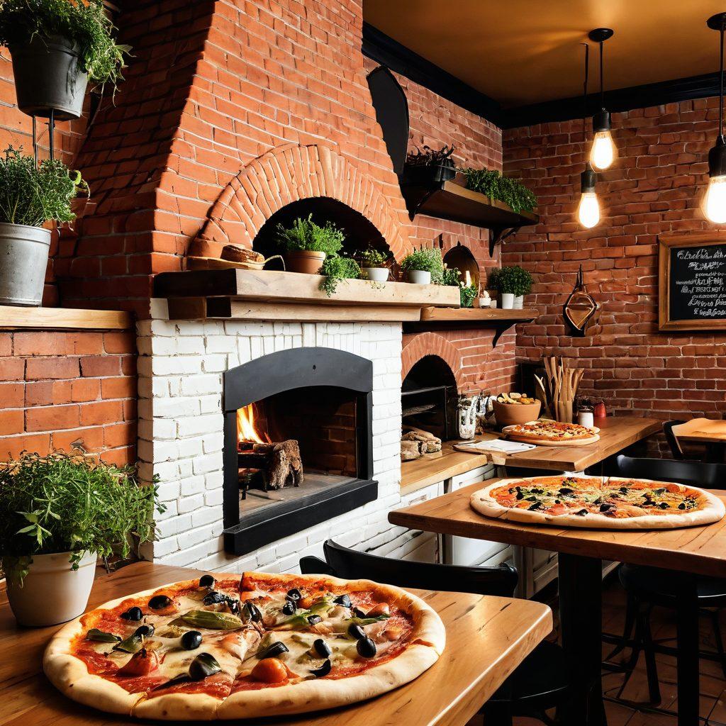 A warm, inviting pizzeria setting with a rustic wooden table overflowing with various mouthwatering pizzas. In the foreground, charming, playful foxes curiously peeking at the pizzas, adding a playful and cozy vibe. Soft, ambient lighting creates a heartwarming atmosphere, with pizza ingredients scattered artistically around. Include elements like a brick oven and herb plants in the background for an authentic touch. super-realistic. warm colors. cozy ambiance.