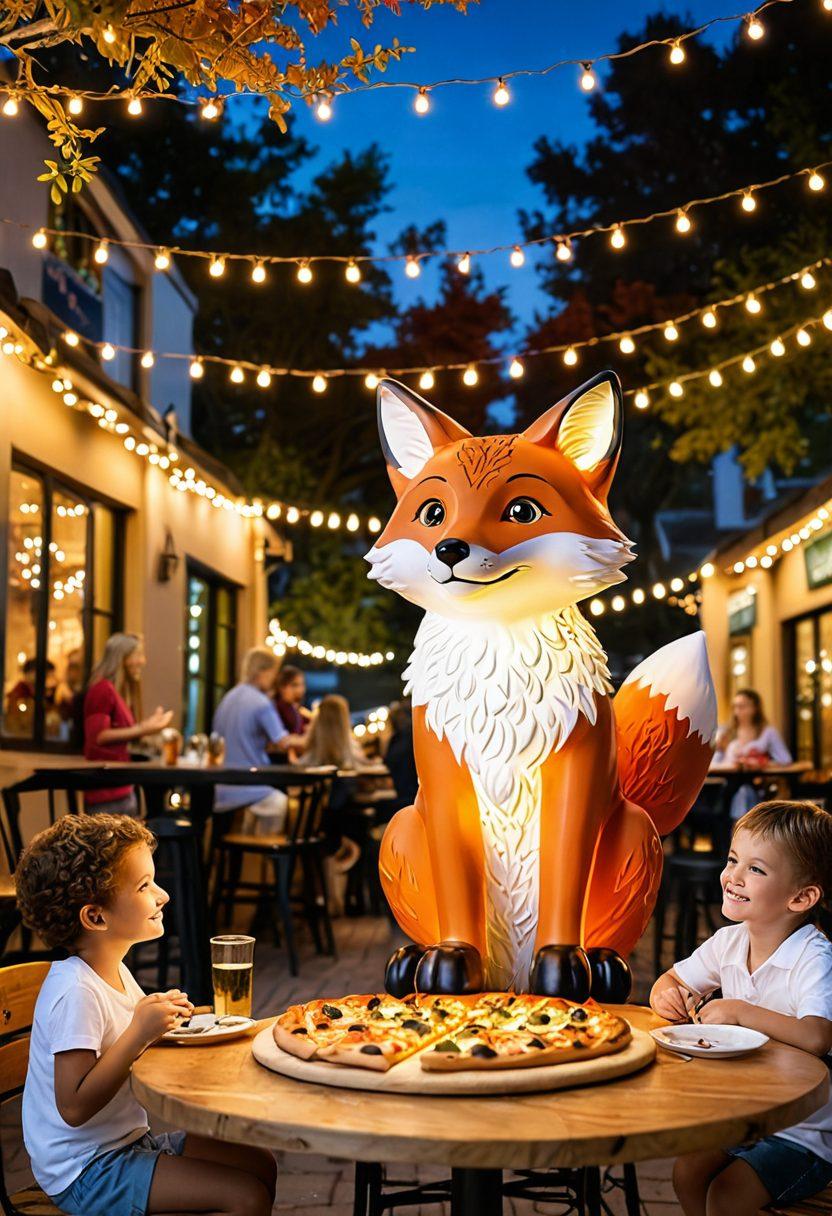 A charming outdoor pizza restaurant setting featuring families enjoying unique fox-themed pizzas, with playful fox illustrations on the menus. The scene is lively, showcasing various colorful pizza varieties topped creatively, surrounded by vibrant greenery and autumn leaves. Emphasize a warm, inviting atmosphere with fairy lights overhead, and a whimsical fox mascot interacting with children. super-realistic. vibrant colors. warm ambiance.